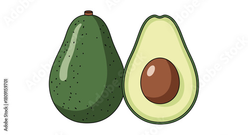 A whole green avocado stands beside a perfectly halved avocado, showcasing its creamy light green flesh and central brown pit, presented on a clean white background.