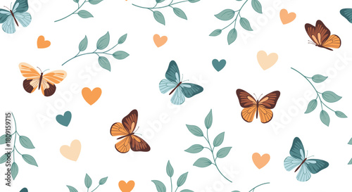Seamless pattern with colorful butterflies, green leaves, and hearts on a white background, perfect for textiles or digital designs.