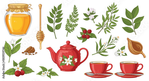 A charming collection of natural tea ingredients and accessories, featuring honey, a teapot, tea cups, and botanical elements.