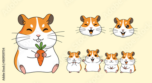 Cute cartoon hamsters expressing various happy emotions, including a fluffy hamster holding a fresh carrot.