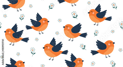 Cheerful seamless pattern featuring adorable cartoon orange birds with dark blue wings and sweet white flowers on a bright white background.