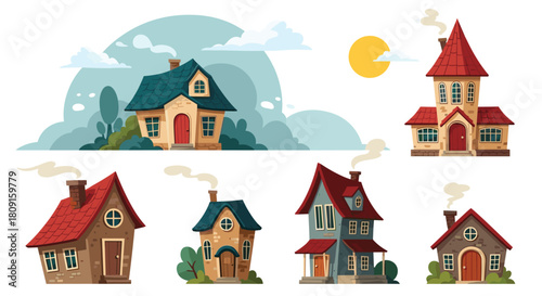 Collection of diverse whimsical cartoon houses with smoking chimneys, showcasing various architectural styles against simple landscapes and white backgrounds.