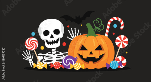 A cheerful Halloween illustration featuring a friendly skeleton, a grinning jack-o'-lantern, and a delightful assortment of candies, perfect for trick-or-treat festivities.