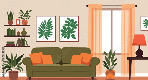 An inviting modern living room featuring a green sofa, various houseplants, botanical wall art, and warm light from a large window.