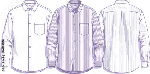 Mens Classic Long Sleeve Button Down Shirt Technical Drawing Vector Flat Illustration Front and Back Mockup