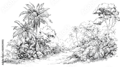 Exotic Lush Tropical Jungle Trail with Outline Isolated on White Vector Graphic