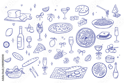 Whimsical Italian dinner elements - bruschetta, pizza, pasta. Modern line art illustrations with chalk for menu or culinary stickers. Hand drawn icons set, vintage kitchen sketch