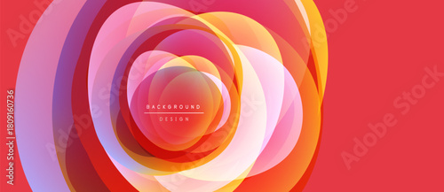 Abstract layers create dynamic circular pattern. Warm colors dominate, blending into vibrant red backdrop. Design evokes energy, movement.