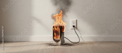Household space heater overheating and ignites into flames, creating a dangerous fire hazard due to electrical fault and appliance malfunction, emphasizing home safety and accident prevention