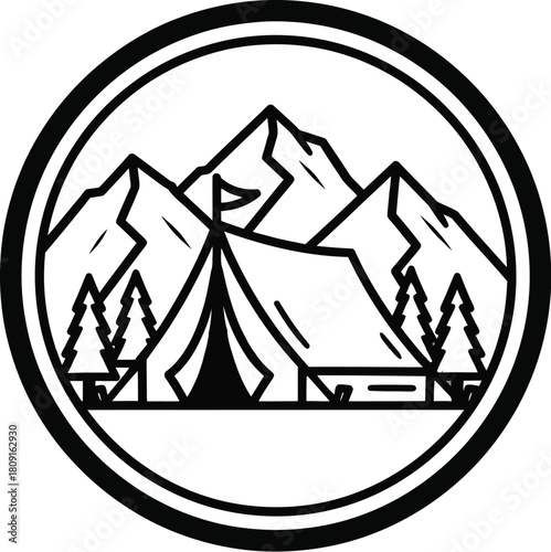 Camping tent with mountain and trees outdoor adventure logo travel, tourism, hiking and camping concept vector illustration