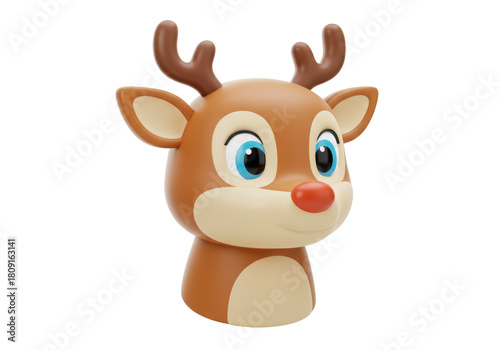 Isolated Christmas Rudolph reindeer head with red nose and brown antlers, cute holiday icon