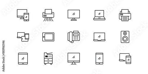 Device supplies linear icons set. Adapters, Batteries, Cables, Chargers. Silhouette style icon set design, Education online and eLearning theme Vector illustration. Ultrabook line icons collection. 