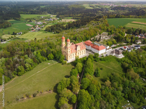 Stunning aerial view of Castle Ellwangen,showcasing its historic architecture 