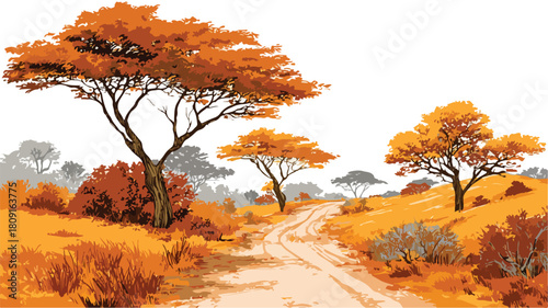 Savanna Landscape with Dirt Road and Trees Vector Illustration