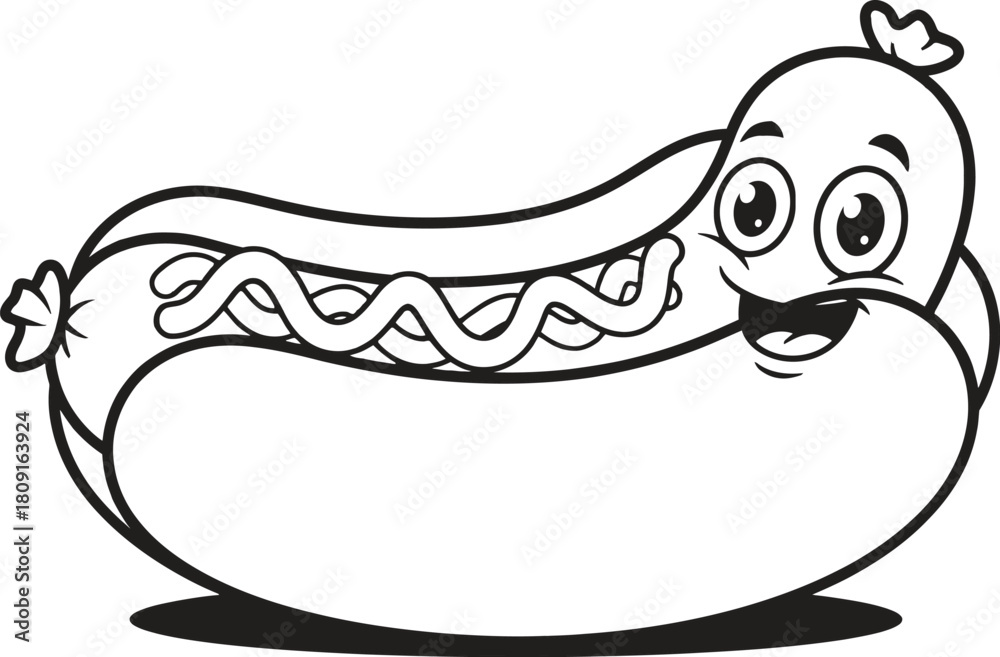 Obraz premium A cheerful cartoon hot dog with a playful expression, complete with mustard and relish, set against a clean, creating a fun and inviting image
