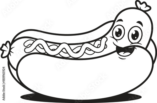 A cheerful cartoon hot dog with a playful expression, complete with mustard and relish, set against a clean, creating a fun and inviting image