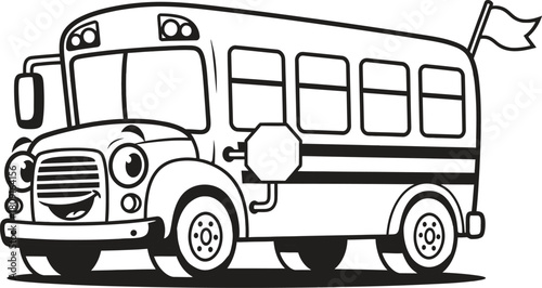 A cheerful cartoon school bus with a friendly face, stop sign, and flag, , perfect for educational materials and childrens illustrations