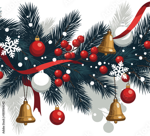 Isolated a christmas garland of fir branches and golden balls strangled by snow . Seamless banner, can be extended to desired size. vector art with white background.