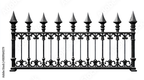 Black wrought iron fence with decorative details isolated on white background