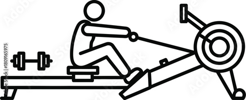 A person is exercising on a rowing machine, a fitness equipment, the machine is next to a dumbbell, a weightlifting equipment