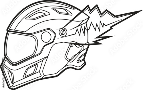 A motocross helmet with a lightning bolt, a protective gear for extreme sports, it is designed to protect the head during crashes