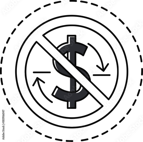 Illustration of a no money exchange icon the design features a dollar sign crossed out with arrows indicating a lack of financial transaction