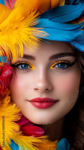 Beautiful woman is smiling while wearing colorful feather headdress and vibrant yellow eyeshadow in a close-up shot.