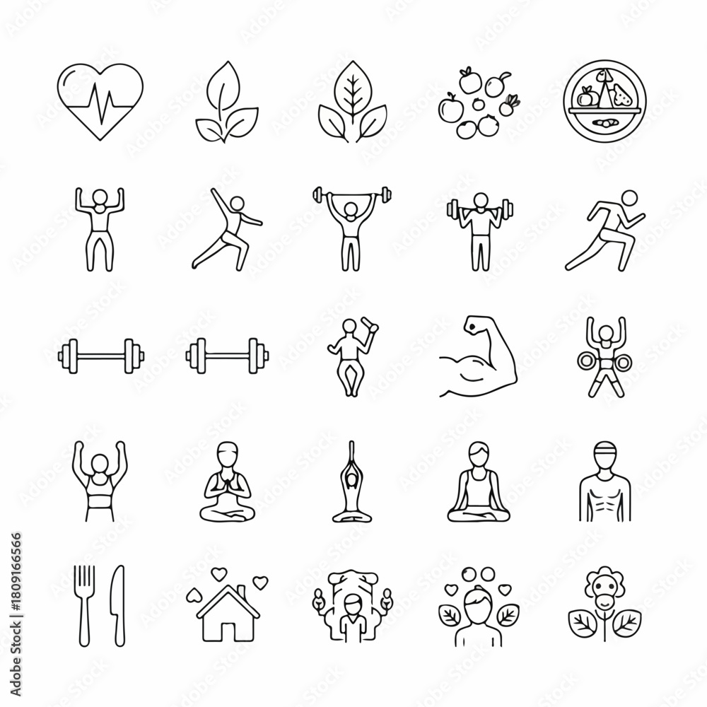 Obraz premium Fitness icon set. Containing health, wellness, nutrition, exercise, physical activity, sports, gym, muscle, diet, yoga, lifestyle and more. Editable line icons. Vector illustration.