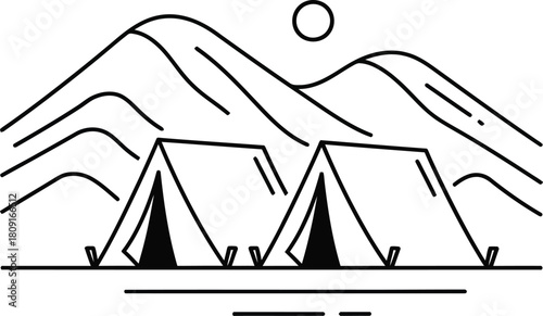 A serene camping scene featuring two tents nestled beneath majestic mountains, depicted in a minimalist black and white line drawing