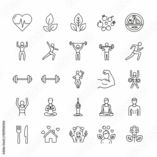 Fitness icon set. Containing health, wellness, nutrition, exercise, physical activity, sports, gym, muscle, diet, yoga, lifestyle and more. Editable line icons. Vector illustration.