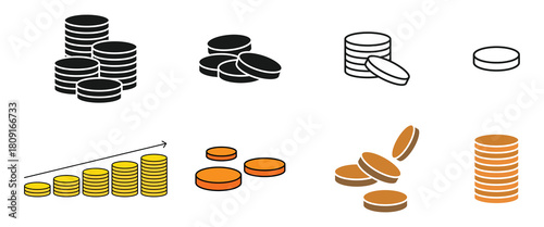 Money set icons. Coins icons. Linear, silhouette and flat styles. Dollar coin stack icon in colored, filled, and stroke design. Represents money, finance, savings, investment