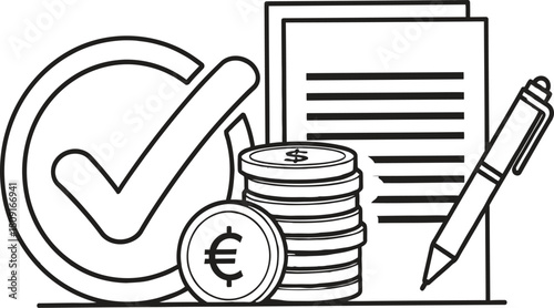 A checkmark, coins, documents, and a pen, representing financial approval and paperwork, , suggesting agreement and transaction