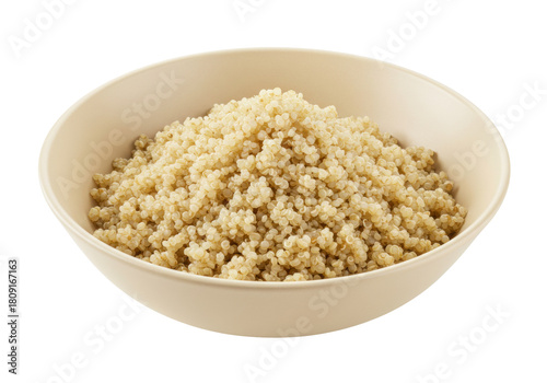 Isolated bowl of cooked quinoa ready to eat, healthy grains for vegan meal or dietary ingredient