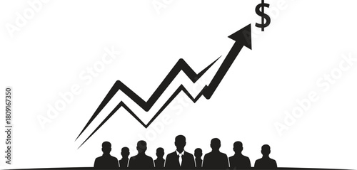 Silhouetted business people standing in front of an upward trending line graph with a dollar sign at the top