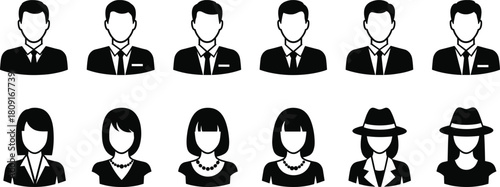Professional Business Avatar Icons Set: Male and Female Silhouettes in Suits and Corporate Attire Vector.
