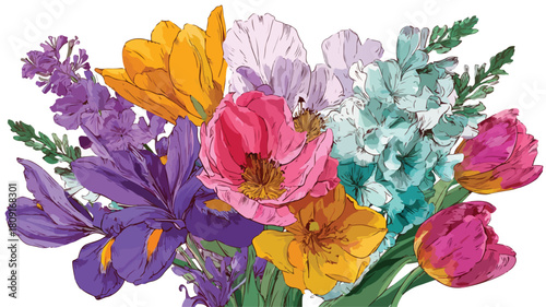 Vivid Spring Flowers Bouquet in Blossom Vector with Outline