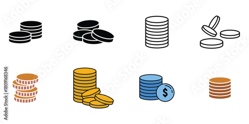 Doodle coins. Coin stacks and piles of coins with dollar sign. Money savings, cashback and investment vector illustrations set.