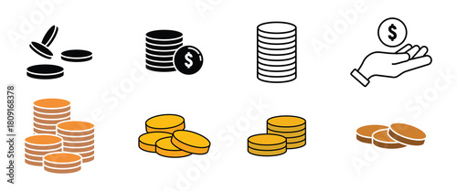 Money and coin icon set in glyph style. Black investment silhouette icon set. Stacks of coins