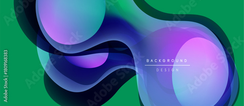Abstract fluid shapes overlap, creating vibrant color gradients. Green background complements purple, blue hues. Modern design element.