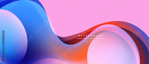 Abstract fluid shapes overlap, creating vibrant color gradients. Pink, blue, orange hues blend seamlessly. Modern design element.