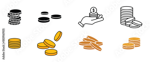 Black coins vector icons set. Stack of money. Pile coin. Payment and investment, bank and finance, money symbol isolated vector set.