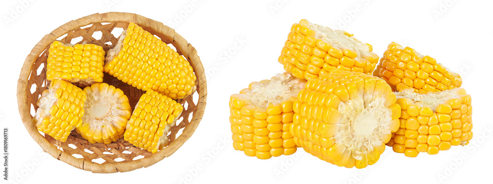 Obraz premium ear of corn in a wicker basket isolated on a white background. Top view. Flat lay