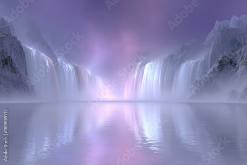 Serene Falls:  A picturesque scene of cascading waterfalls plunging into a tranquil lake, surrounded by towering mountain and a dreamy sky.