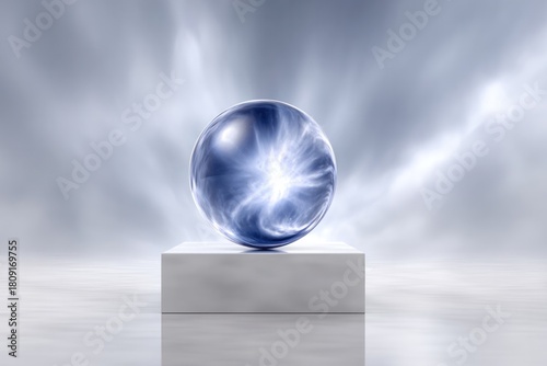 Mystical Orb: A luminous blue orb, radiating energy, rests on a simple pedestal, set against an ethereal, misty background, evoking a sense of mystery and advanced technology.