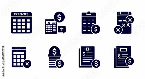 A set of eight dark blue finance icons depicting expenses, calculators, money, and documents, symbolizing financial management and accounting.
