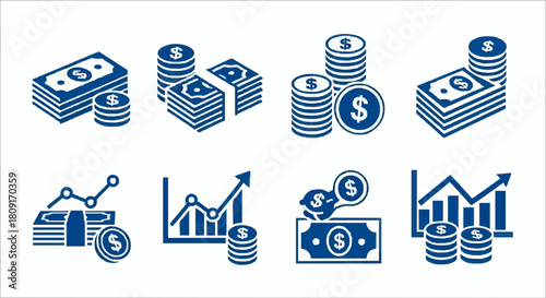 Illustration of money and financial growth: stacks of banknotes, coins, and upward trending graphs, depicted in a simple blue and white color scheme.