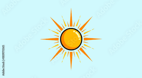 A bright, cartoon sun with sharp, radiating orange rays against a clear light blue sky.