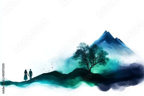 Couple walks hand-in-hand across undulating green hills beneath a luminous tree and a distant mountain.