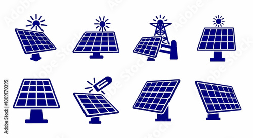 A set of blue solar panel icons illustrating renewable energy generation, storage, and installation.