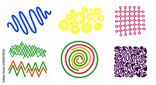 A collection of six colorful and diverse abstract patterns, including waves, circles, grids, and spirals.
